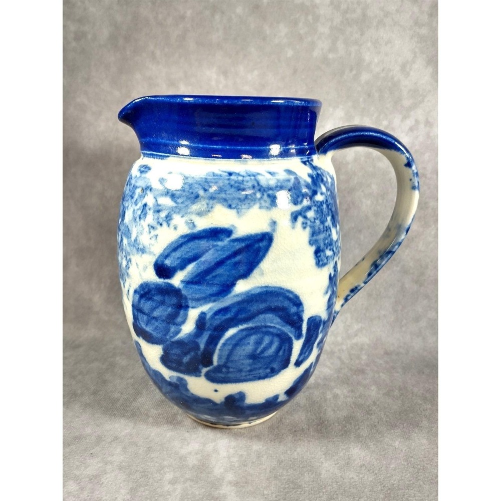 Vintage Blue & White Spongeware Pitcher w Bunny Rabbit Easter Crackle Glaze